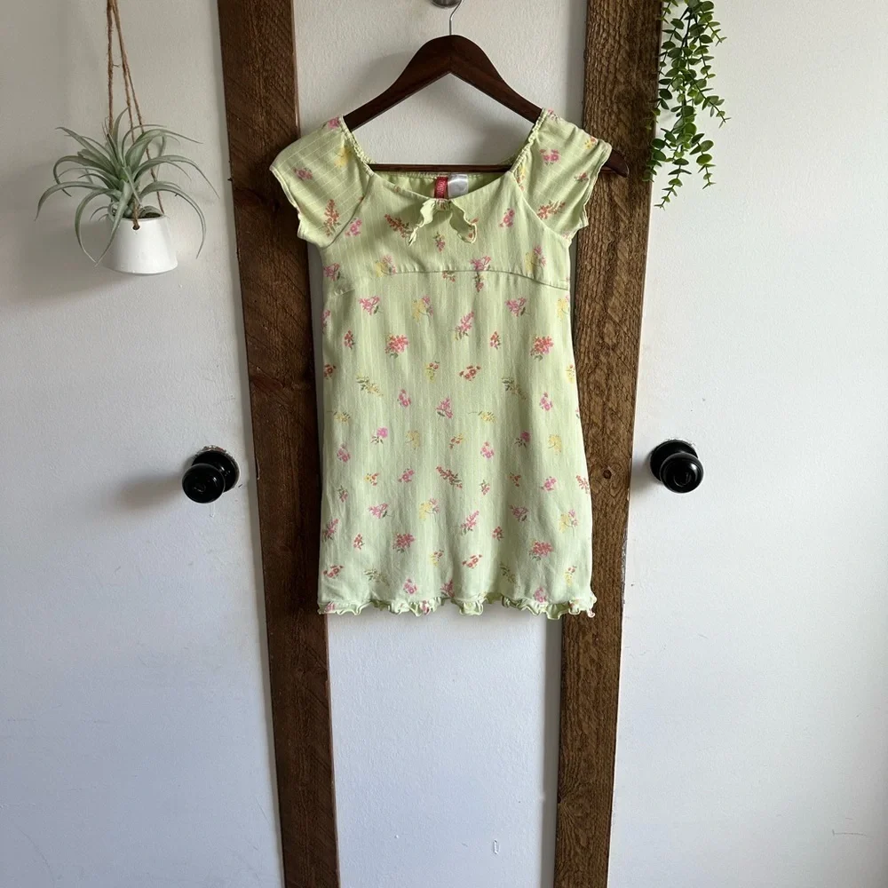 Vintage Gymboree Girl’s Peasant Front Floral Green Dress Pink Accents Size 6